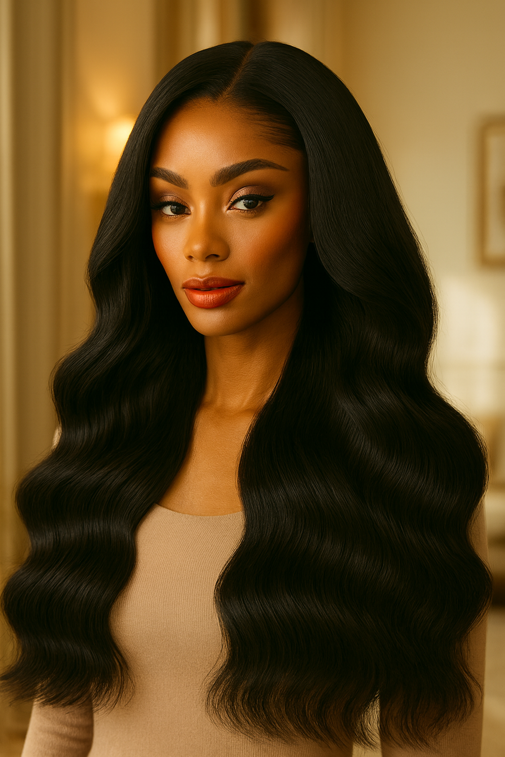 Body Wave Human Hair Wig, Long V-Part No-Leave-Out