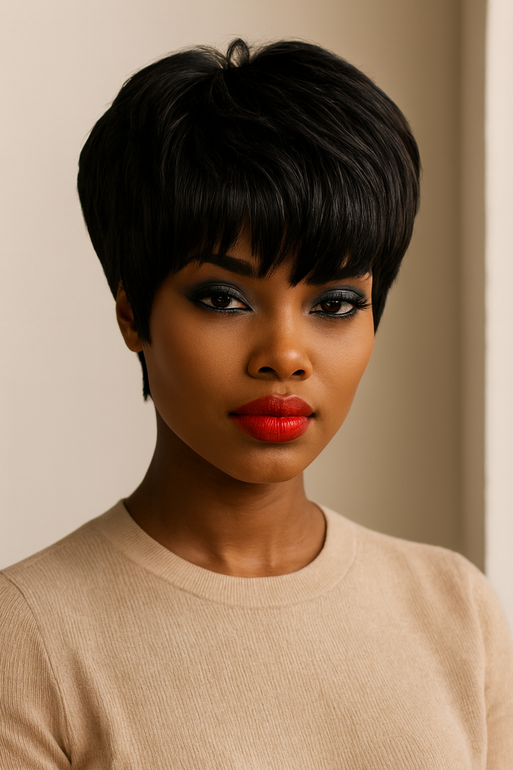 Pixie Cut Human Hair Wig, Short Layered with Bangs