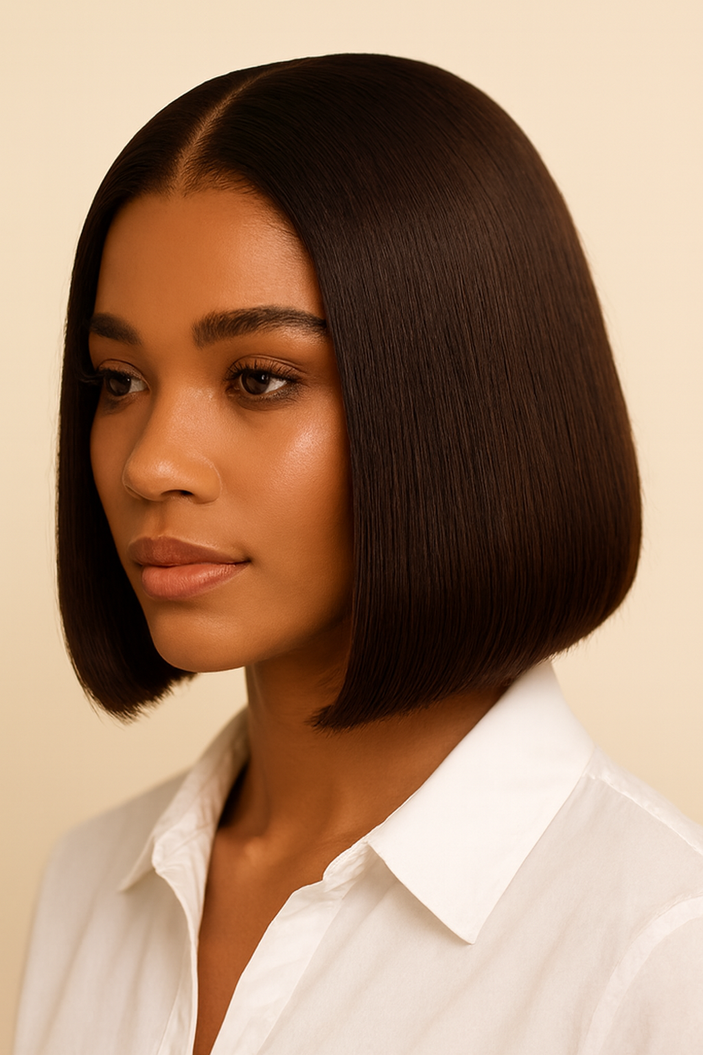 Model wearing the Chocolate Brown Straight Bob Wig by Hair Labs