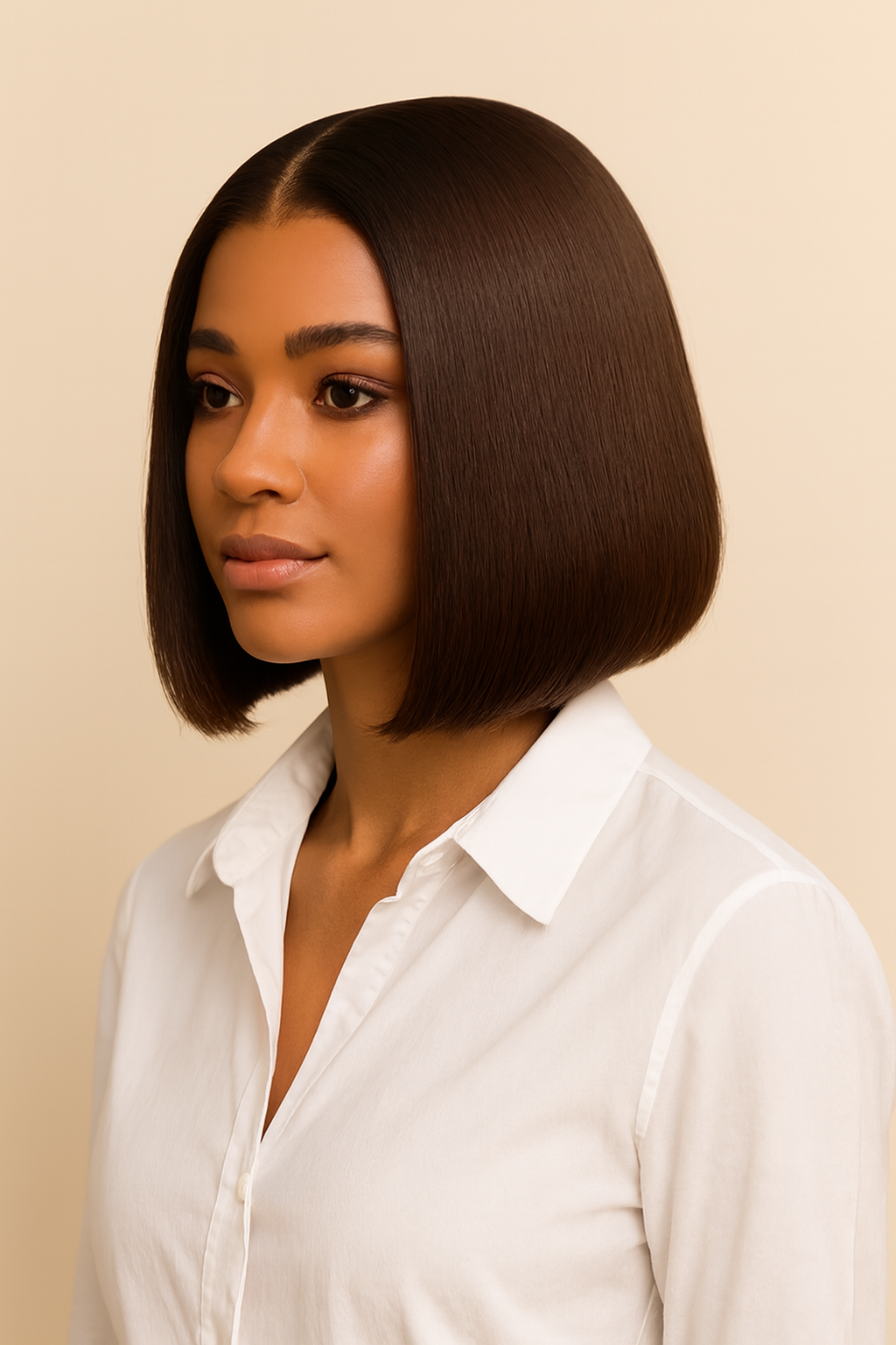 Model wearing the Chocolate Brown Straight Bob Wig by Hair Labs