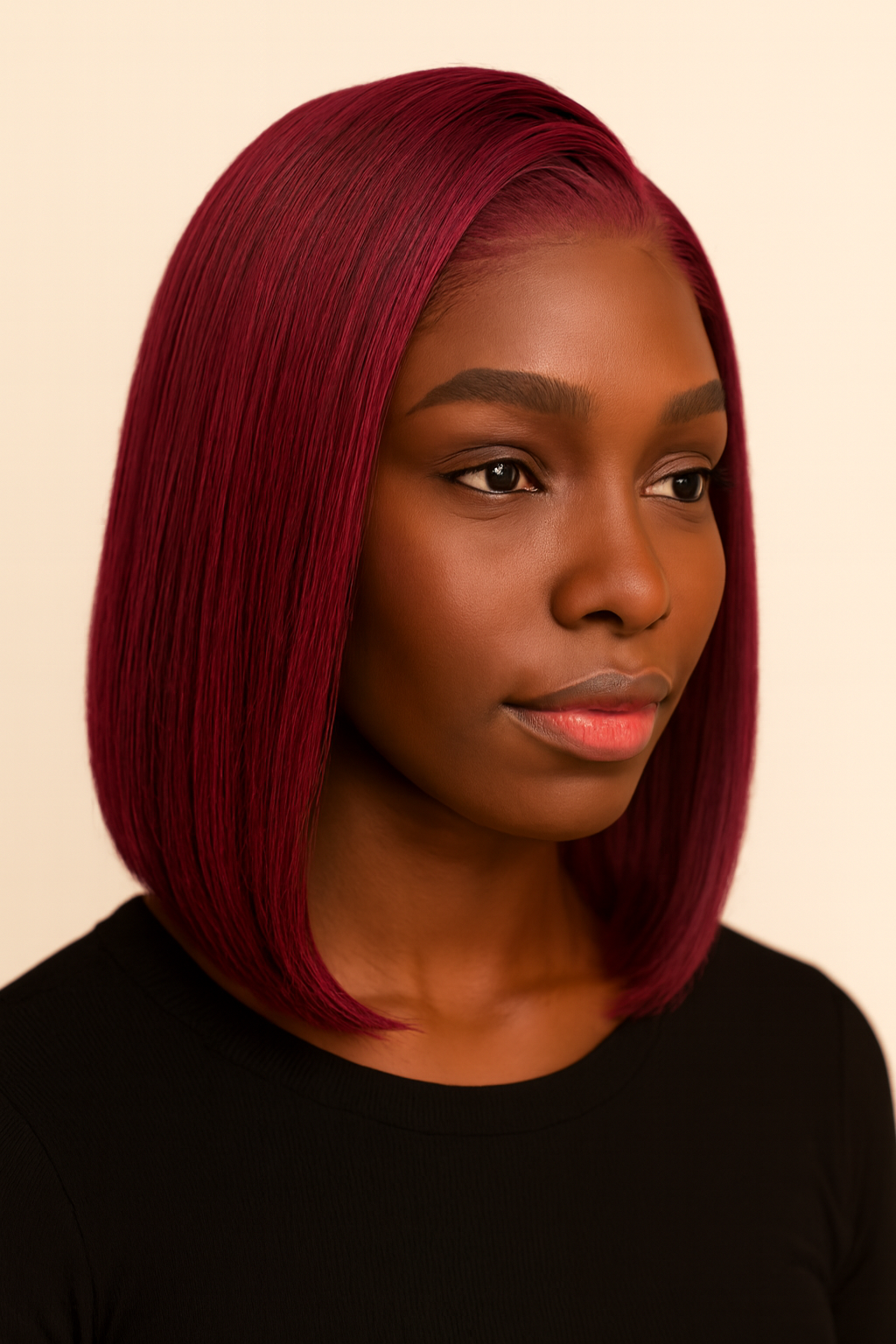 Model wearing the Burgundy 99J Straight Bob Wig by Hair Labs