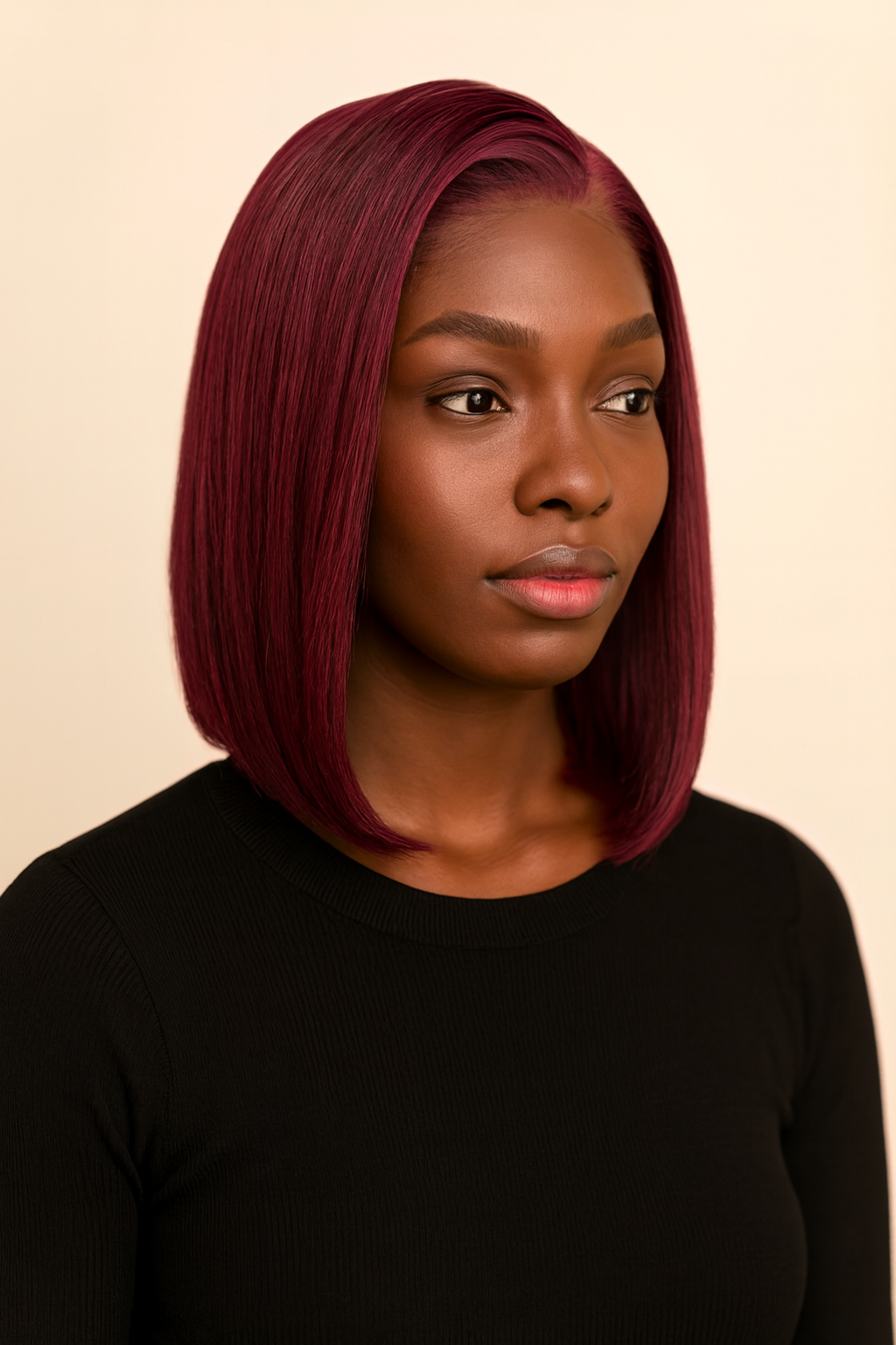 Model wearing the Burgundy 99J Straight Bob Wig by Hair Labs