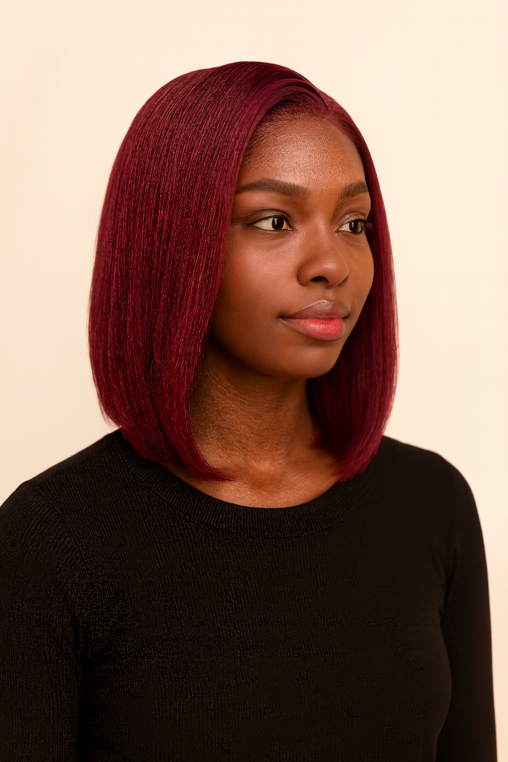 Model wearing the Burgundy 99J Straight Bob Wig by Hair Labs