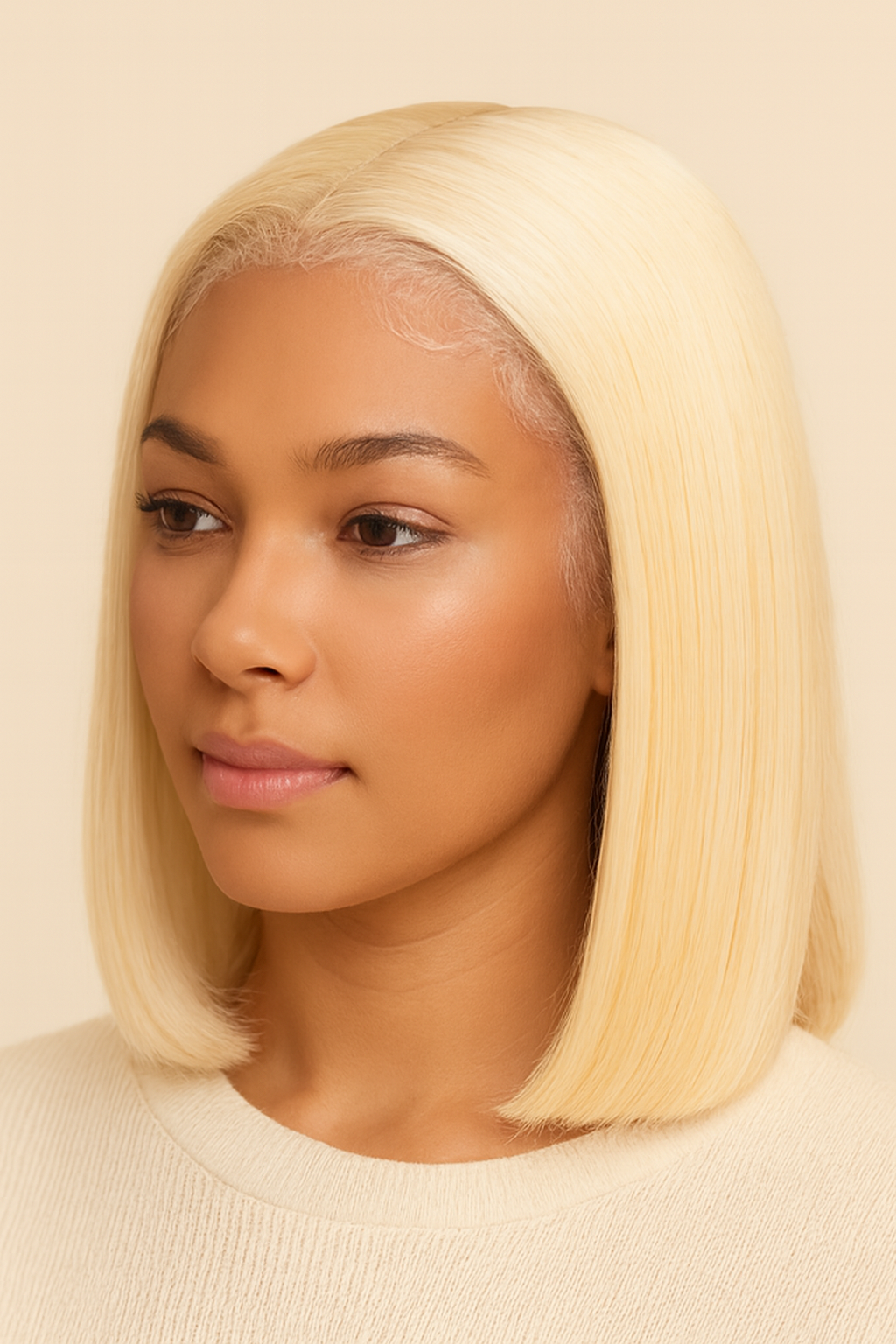 Model wearing the Platinum Blonde Straight Bob Wig by Hair Labs