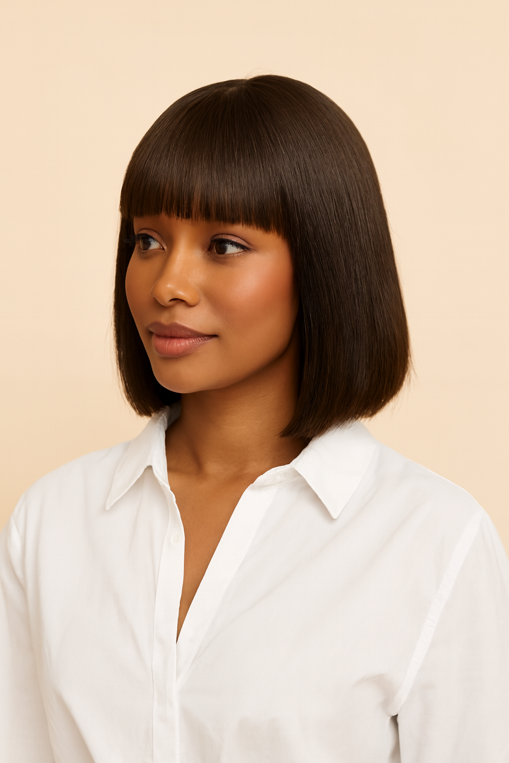 Model wearing the Straight Bob Wig with Bangs by Hair Labs