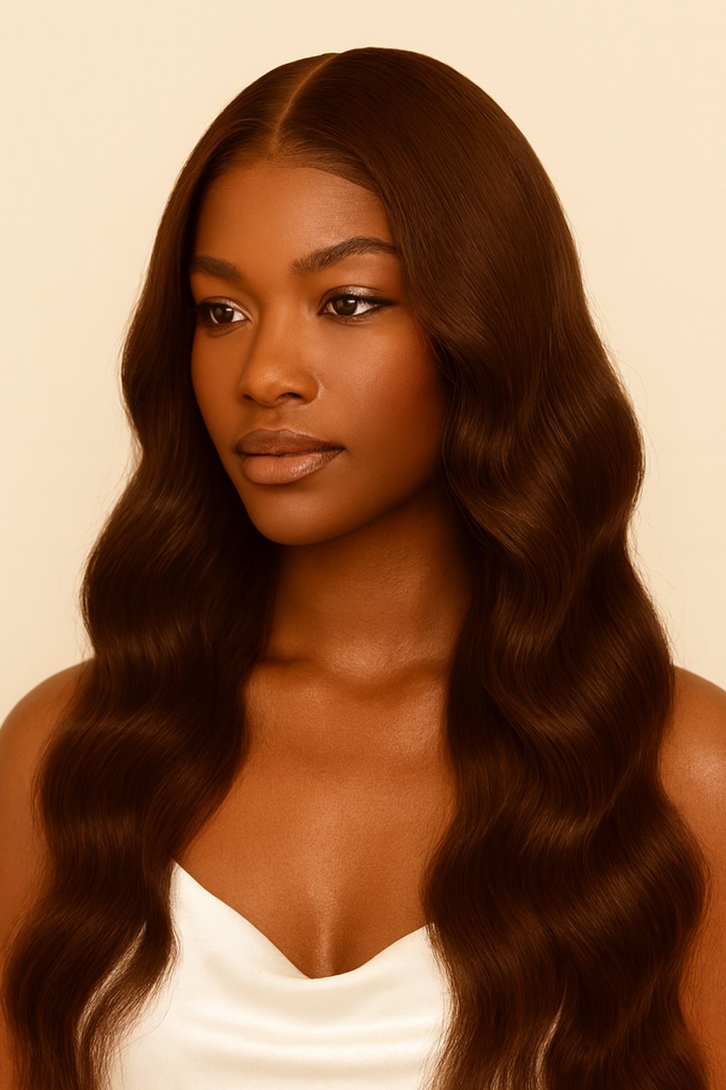 Model wearing the Chocolate Brown Body Wave Human Hair Wig by Hair Labs