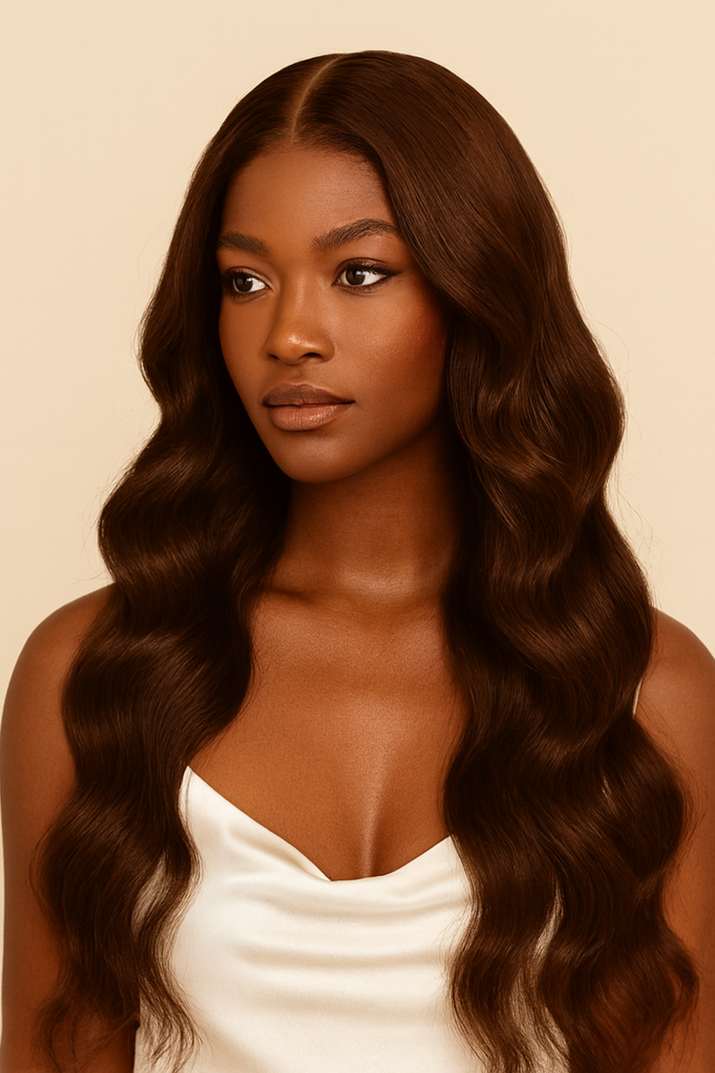 Model wearing the Chocolate Brown Body Wave Human Hair Wig by Hair Labs