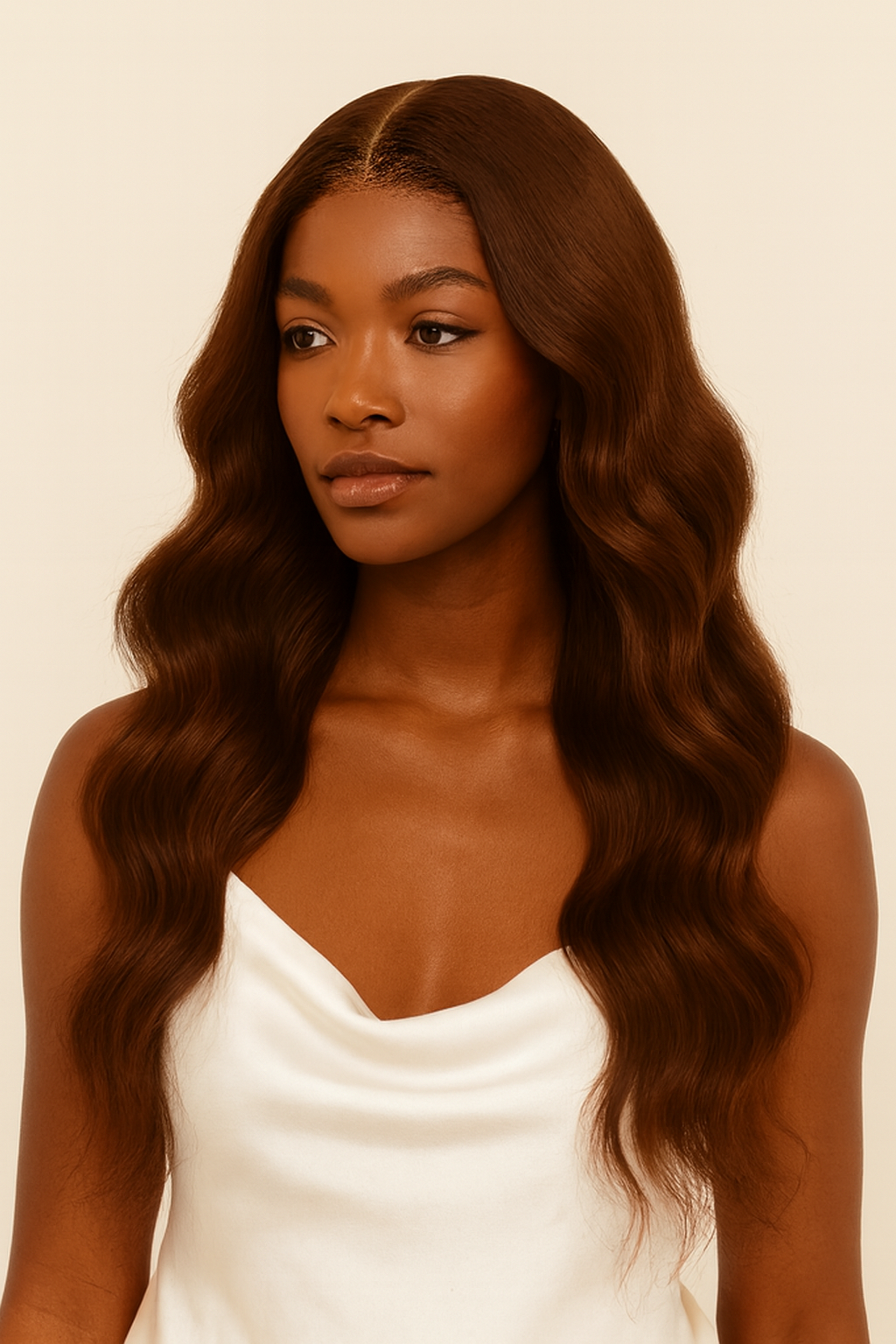 Model wearing the Chocolate Brown Body Wave Human Hair Wig by Hair Labs