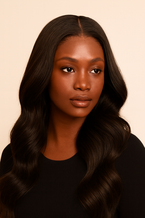 Model wearing the Body Wave Human Hair Wig by Hair Labs