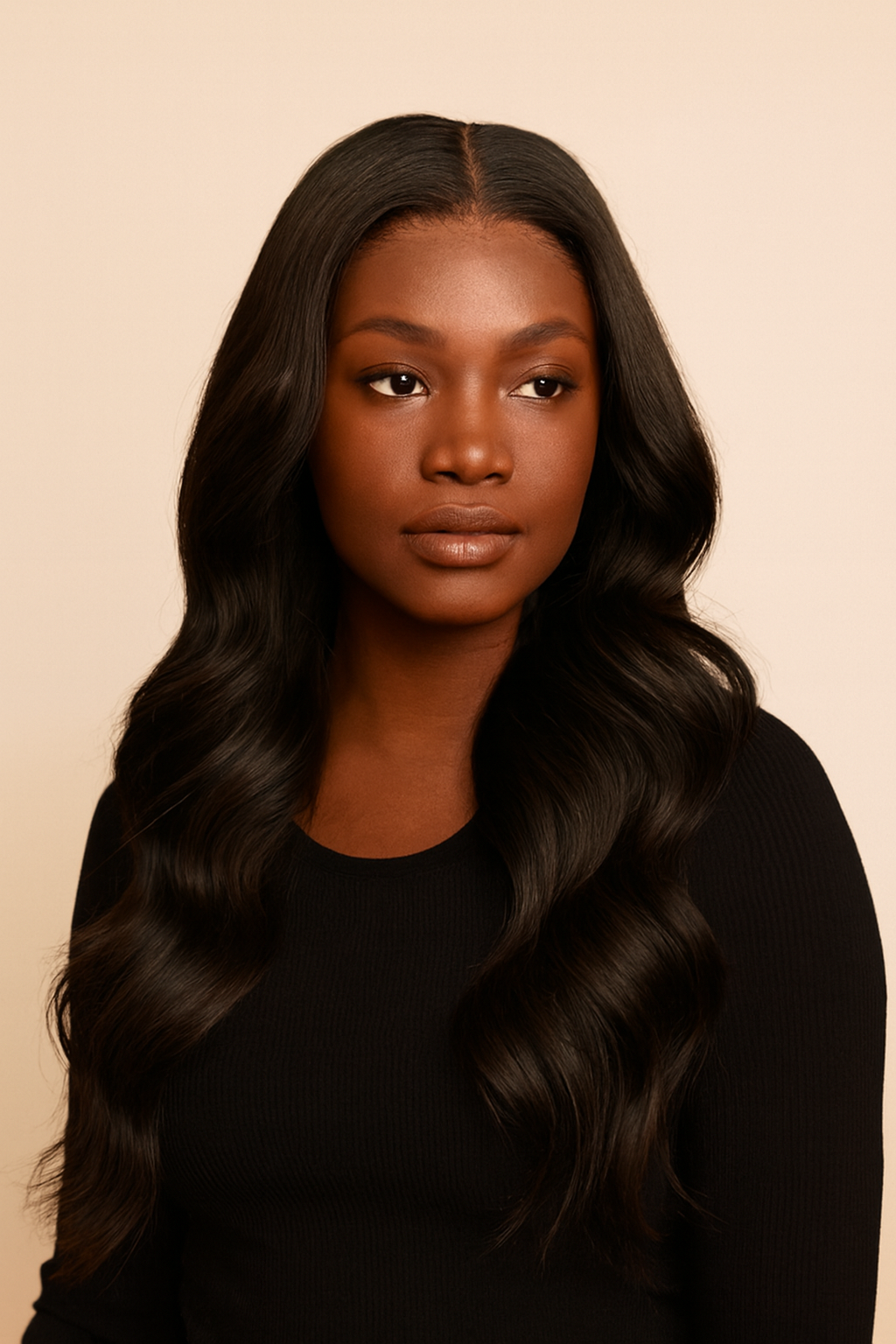 Model wearing the Body Wave Human Hair Wig by Hair Labs