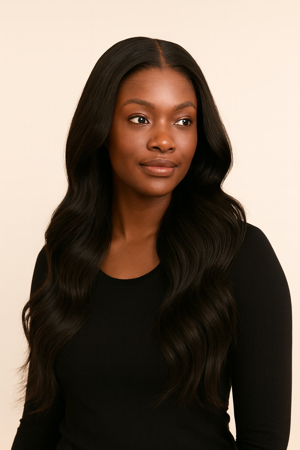 Model wearing the Body Wave Human Hair Wig by Hair Labs
