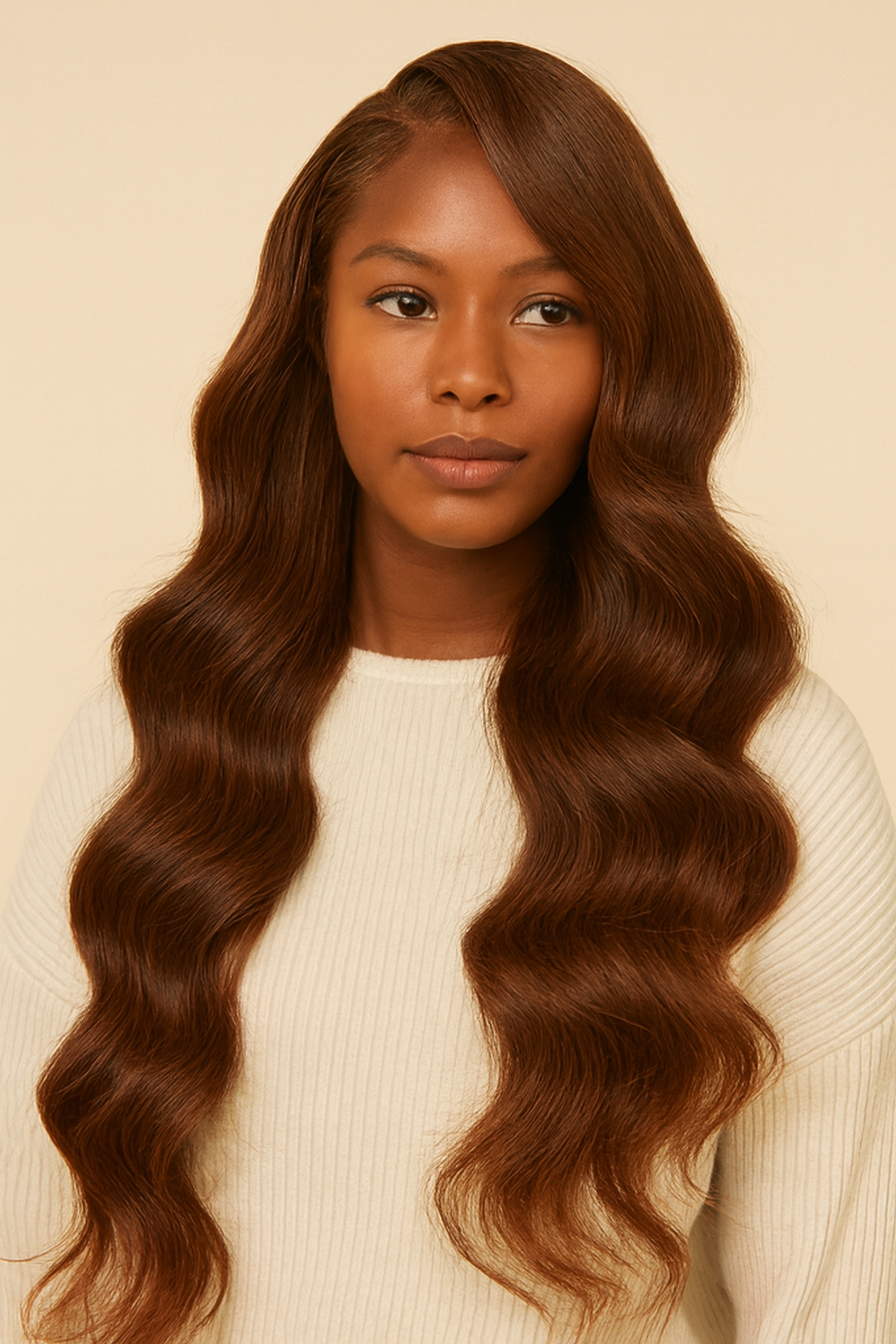 Model wearing the Chocolate Brown Extra-Long Body Wave Human Hair Wig by Hair Labs