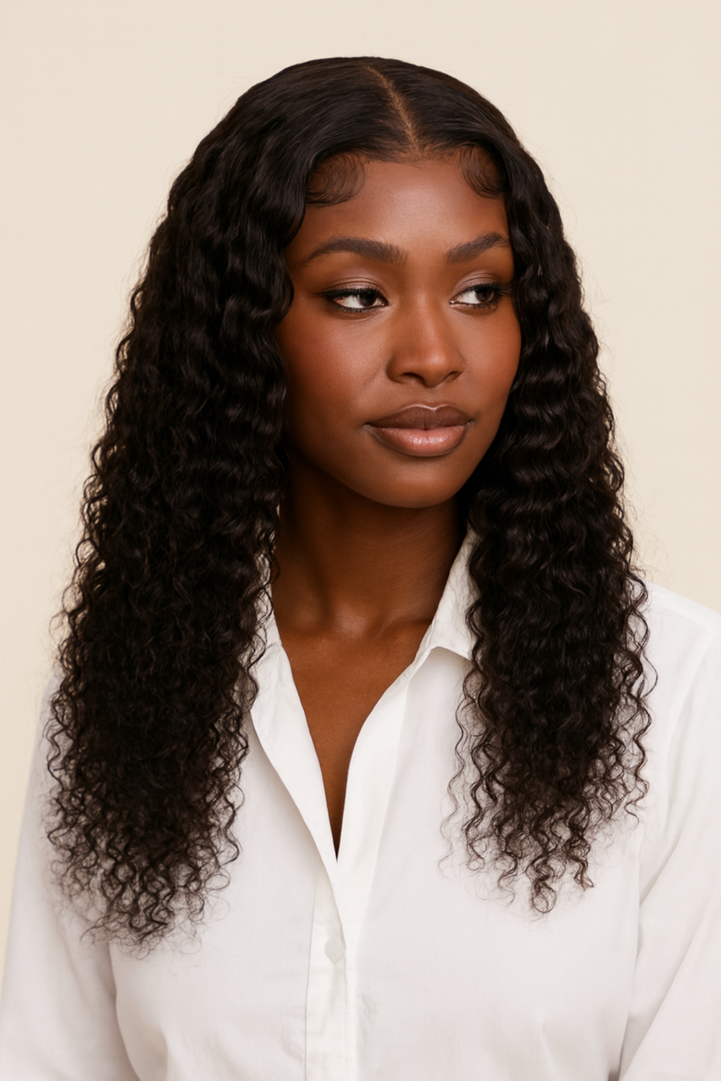 Model wearing the Curly Human Hair Wig by Hair Labs