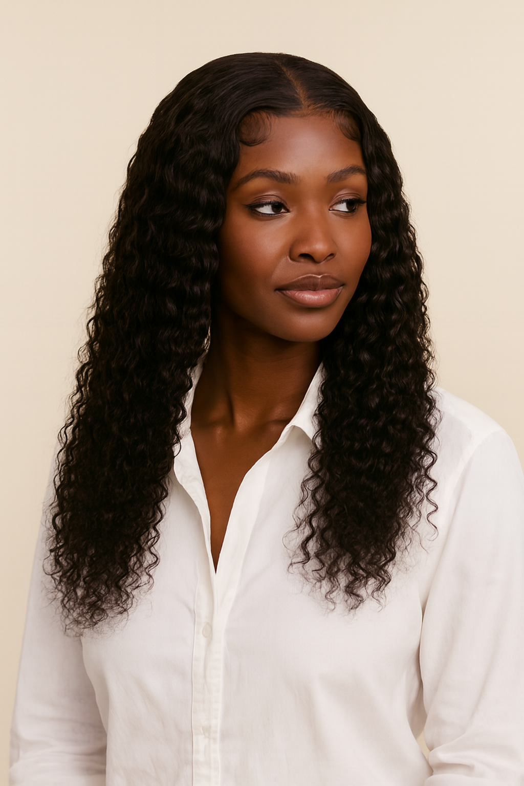 Model wearing the Curly Human Hair Wig by Hair Labs