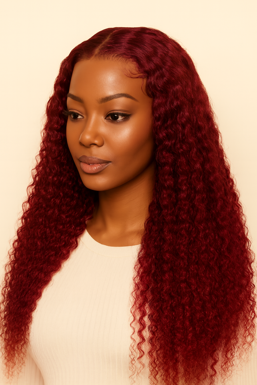 Model wearing the Burgundy 99J Deep Wave Human Hair Wig by Hair Labs