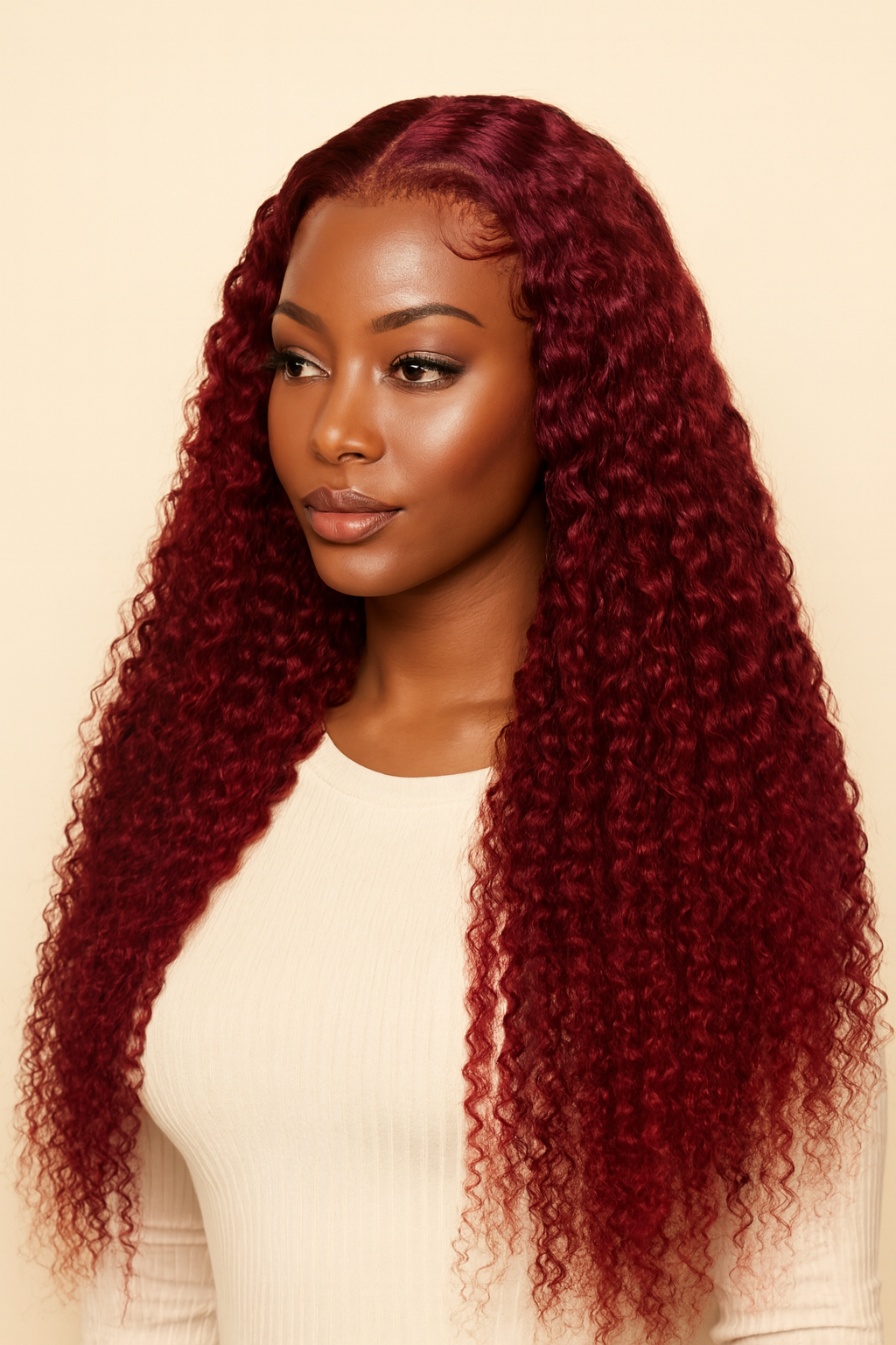 Model wearing the Burgundy 99J Deep Wave Human Hair Wig by Hair Labs