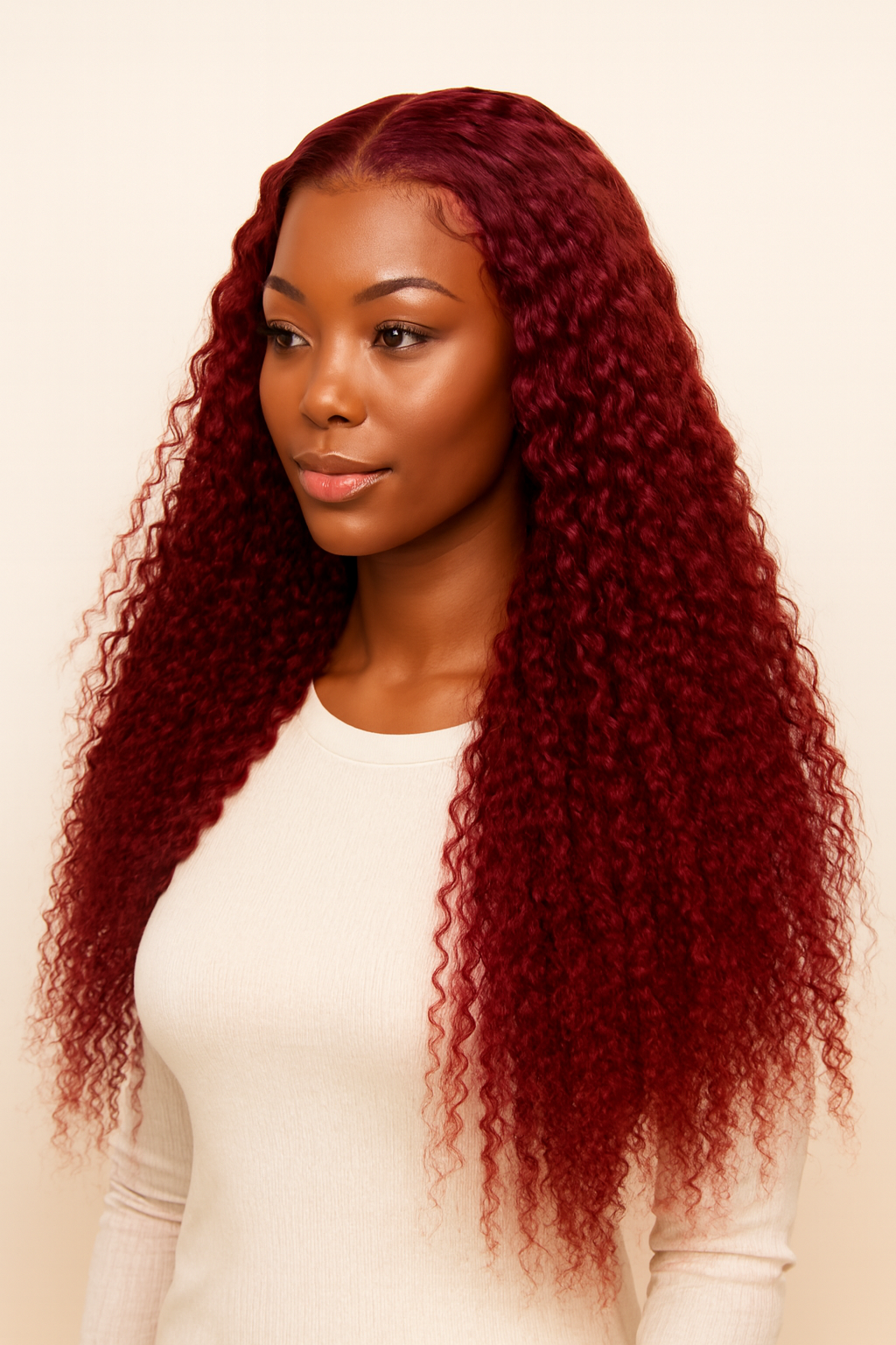 Model wearing the Burgundy 99J Deep Wave Human Hair Wig by Hair Labs