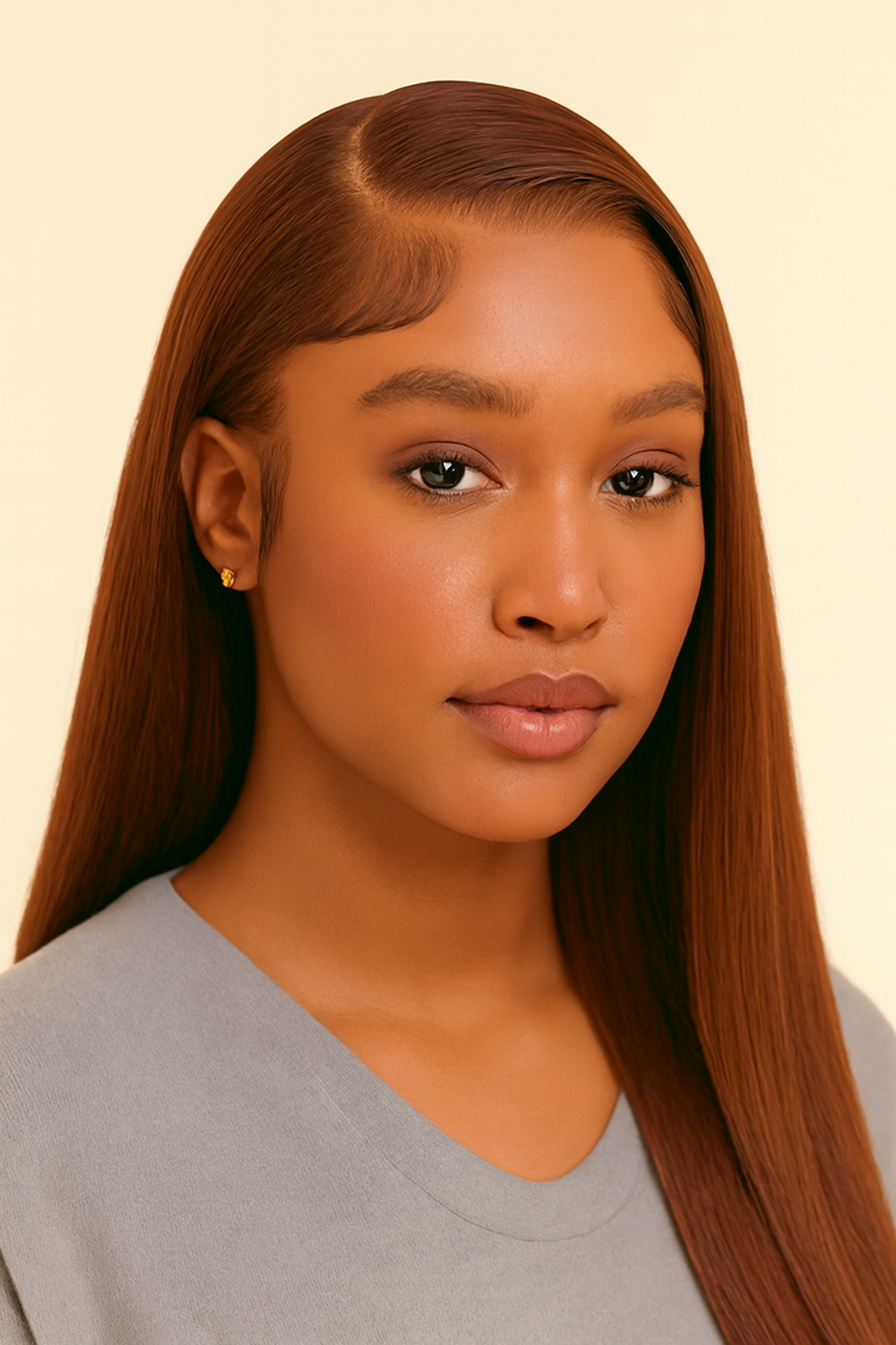 Model wearing the Chocolate Brown Straight Human Hair Wig by Hair Labs