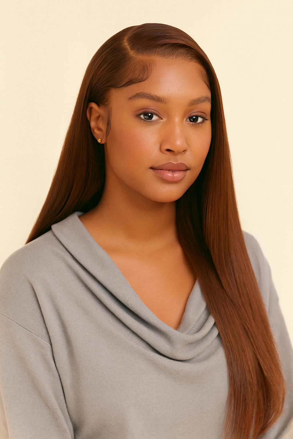 Model wearing the Chocolate Brown Straight Human Hair Wig by Hair Labs