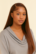 Model wearing the Chocolate Brown Straight Human Hair Wig by Hair Labs