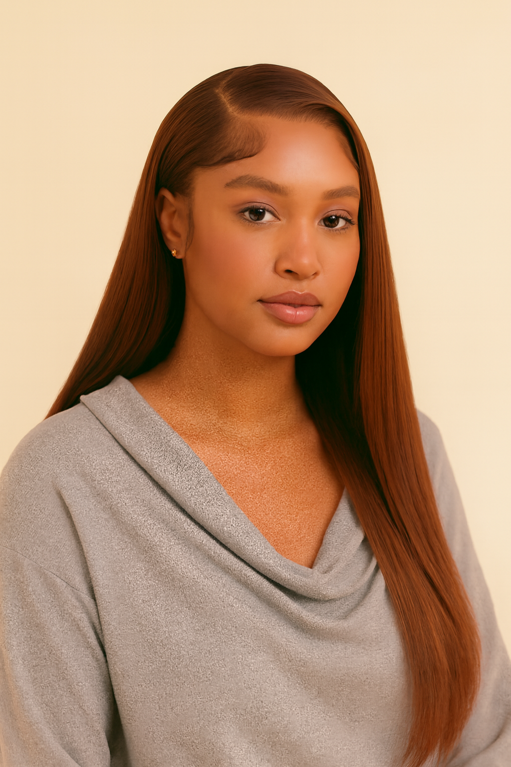 Model wearing the Chocolate Brown Straight Human Hair Wig by Hair Labs