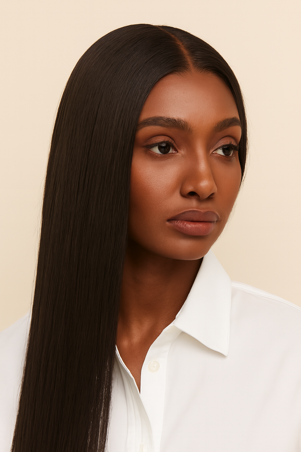Model wearing the Silky Straight Human Hair Wig by Hair Labs