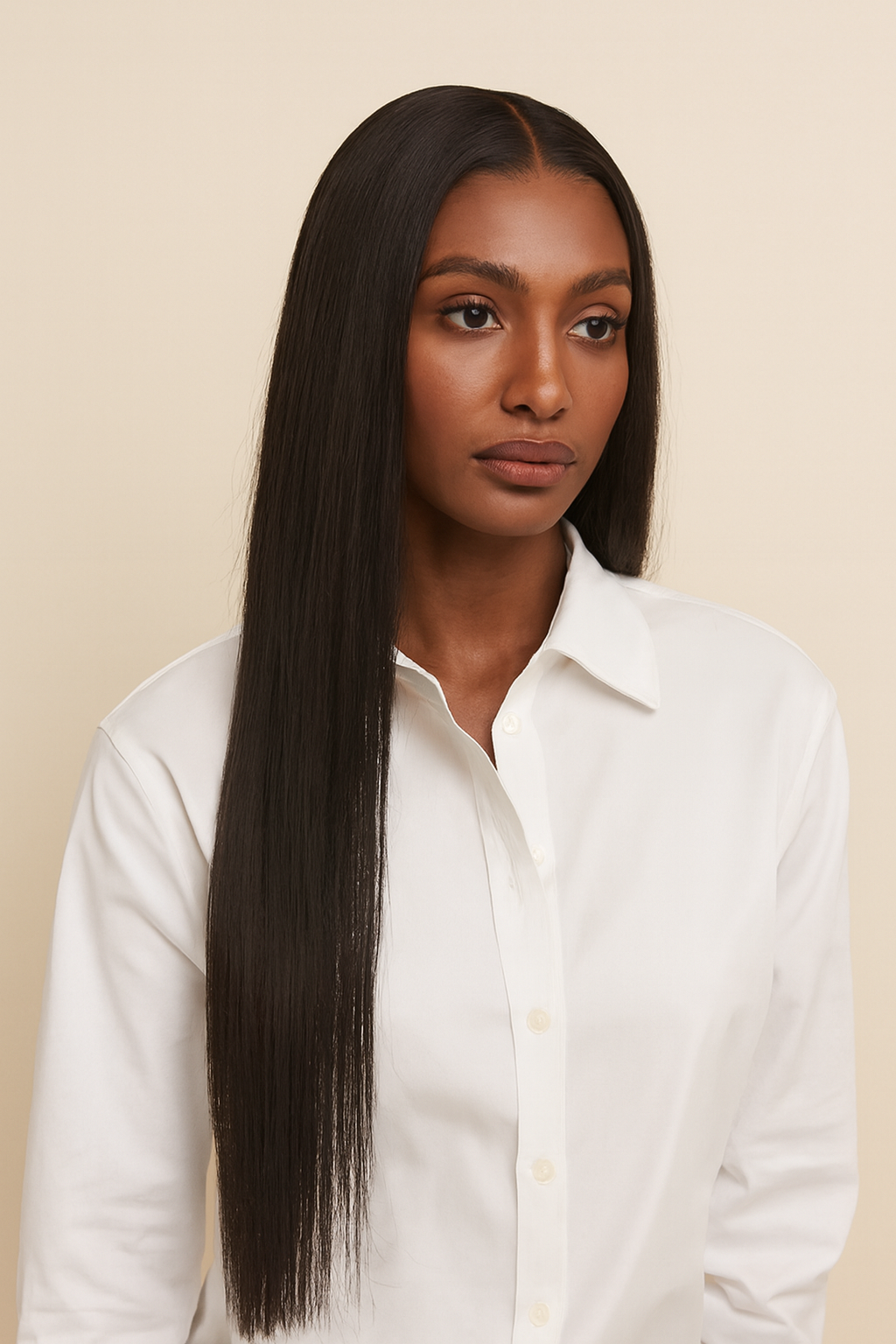 Model wearing the Silky Straight Human Hair Wig by Hair Labs