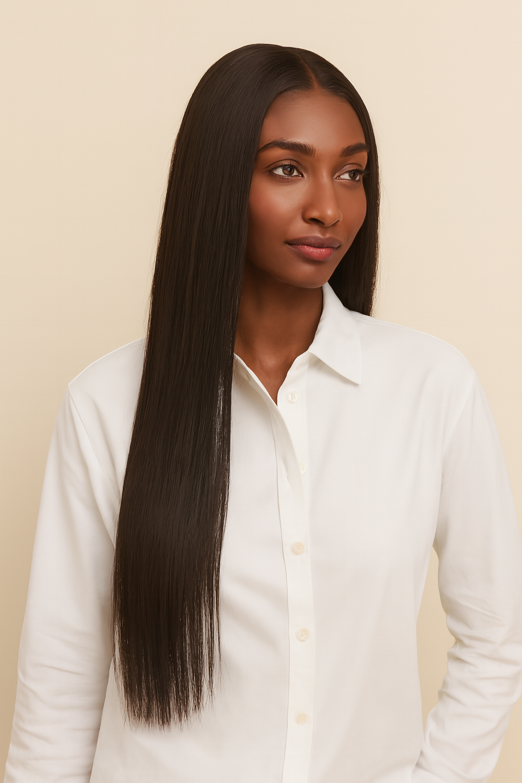 Model wearing the Silky Straight Human Hair Wig by Hair Labs