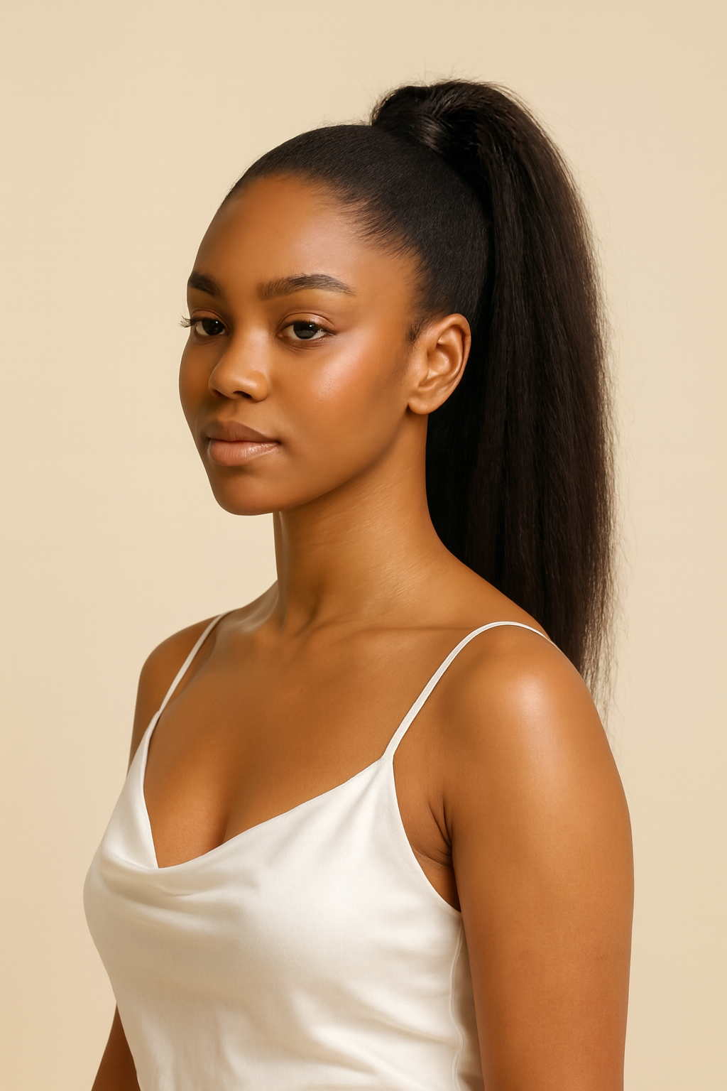 Model wearing the Kinky Straight Human Hair Wig by Hair Labs