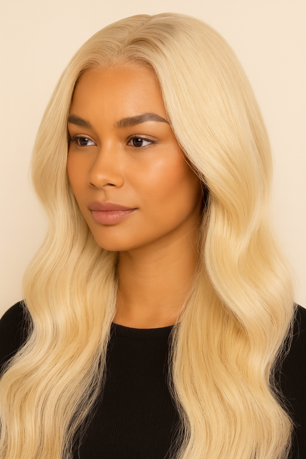 Model wearing the Platinum Blonde Body Wave Human Hair Wig by Hair Labs