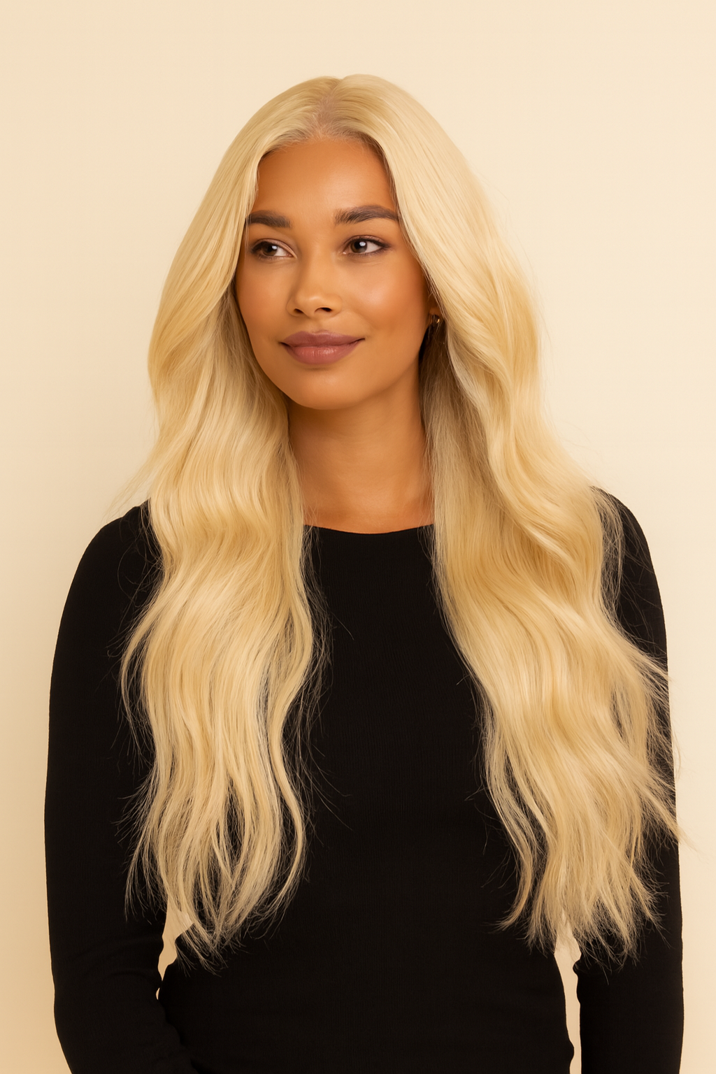 Model wearing the Platinum Blonde Body Wave Human Hair Wig by Hair Labs