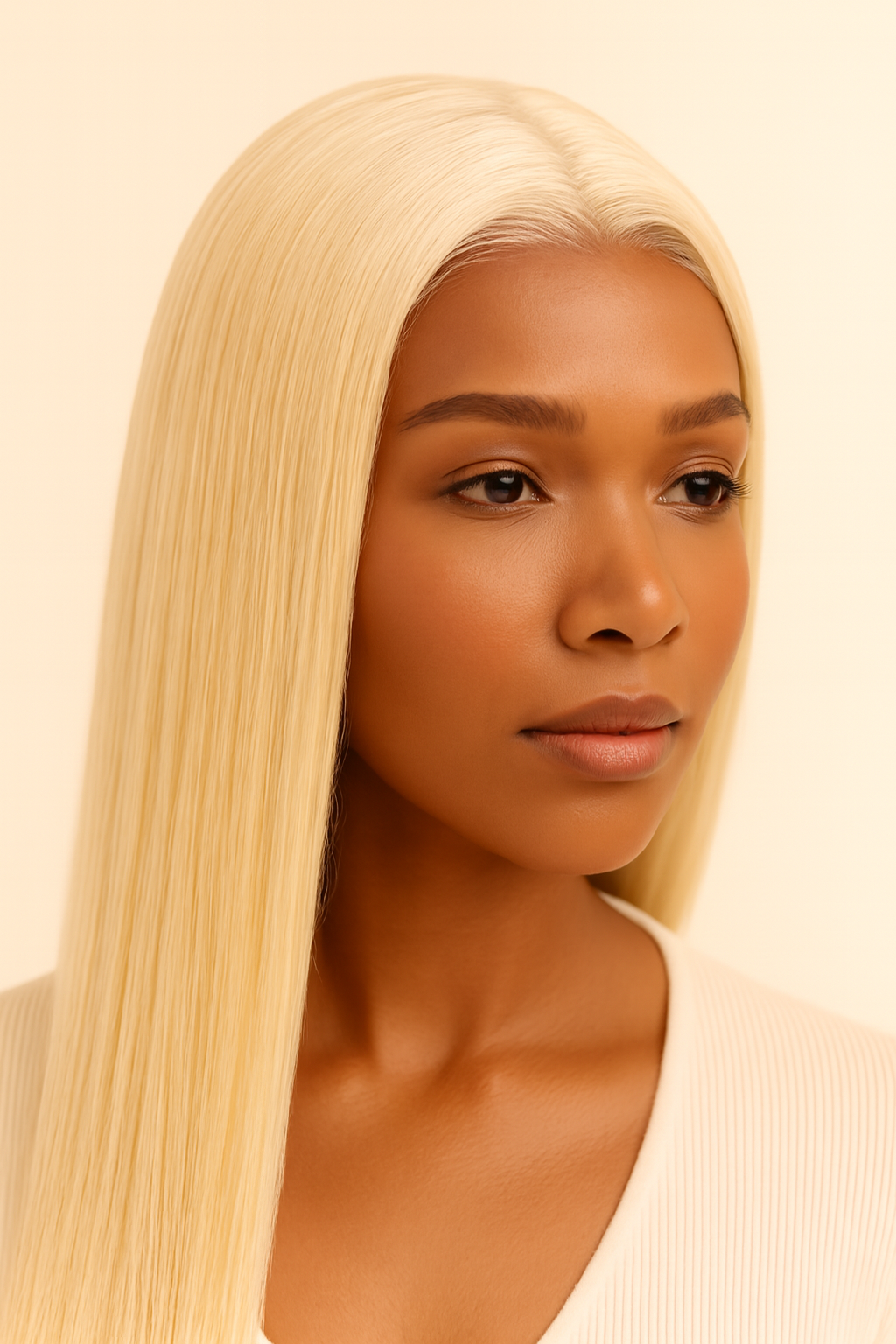 Model wearing the Platinum Blonde Straight Human Hair Wig by Hair Labs