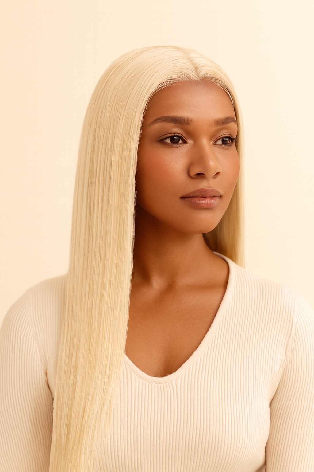 Model wearing the Platinum Blonde Straight Human Hair Wig by Hair Labs