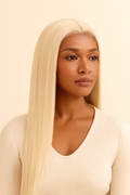 Model wearing the Platinum Blonde Straight Human Hair Wig by Hair Labs