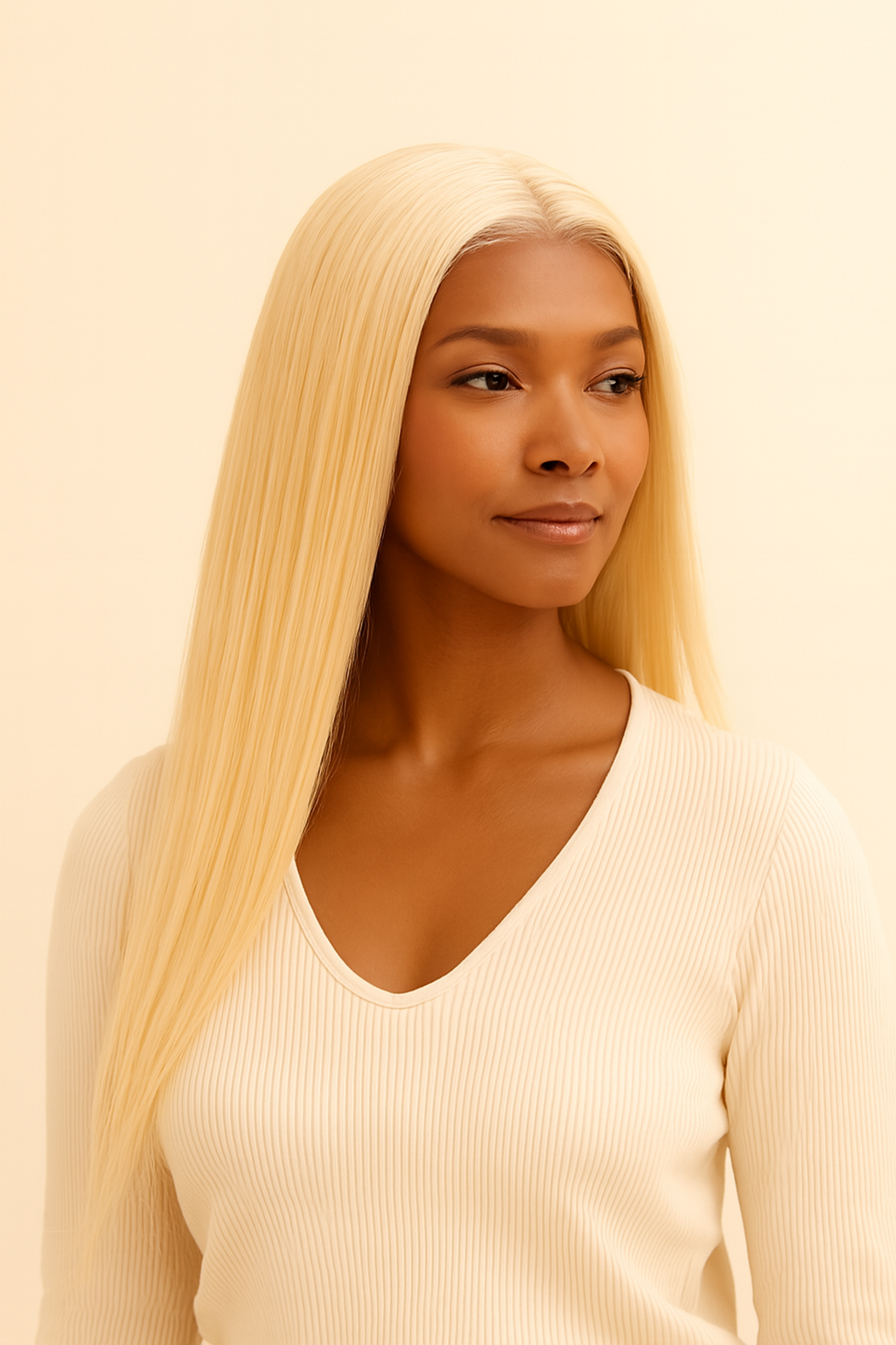 Model wearing the Platinum Blonde Straight Human Hair Wig by Hair Labs