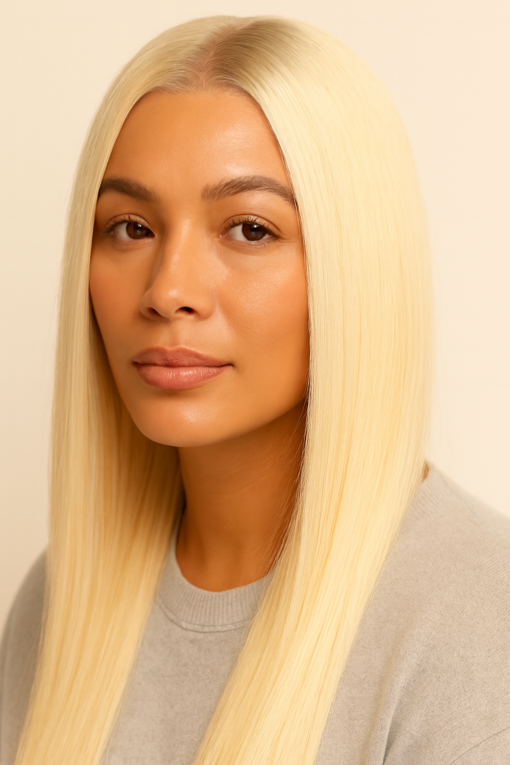 Model wearing the Platinum Blonde Silky Straight Human Hair Wig by Hair Labs