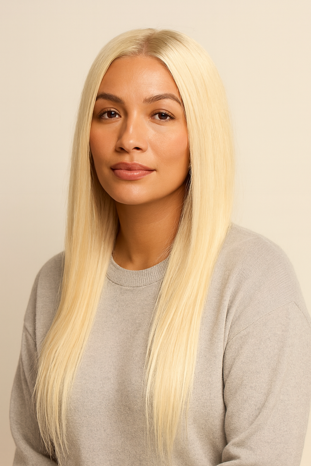 Model wearing the Platinum Blonde Silky Straight Human Hair Wig by Hair Labs