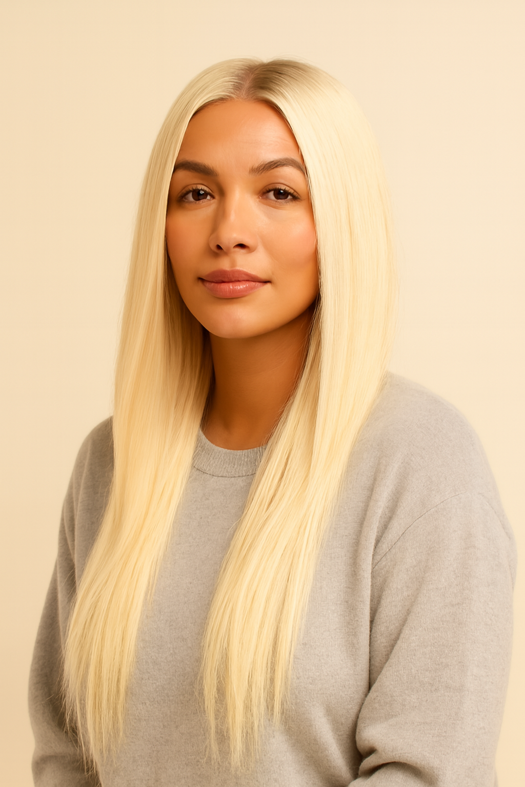 Model wearing the Platinum Blonde Silky Straight Human Hair Wig by Hair Labs