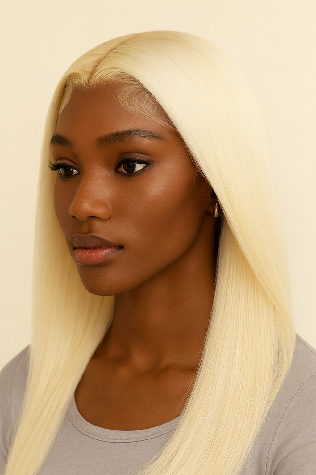 Model wearing the Platinum Blonde Bone Straight Human Hair Wig by Hair Labs