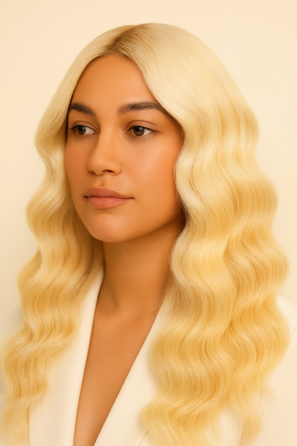 Model wearing the Platinum Blonde Extra-Long Body Wave Human Hair Wig by Hair Labs