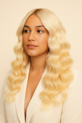 Model wearing the Platinum Blonde Extra-Long Body Wave Human Hair Wig by Hair Labs