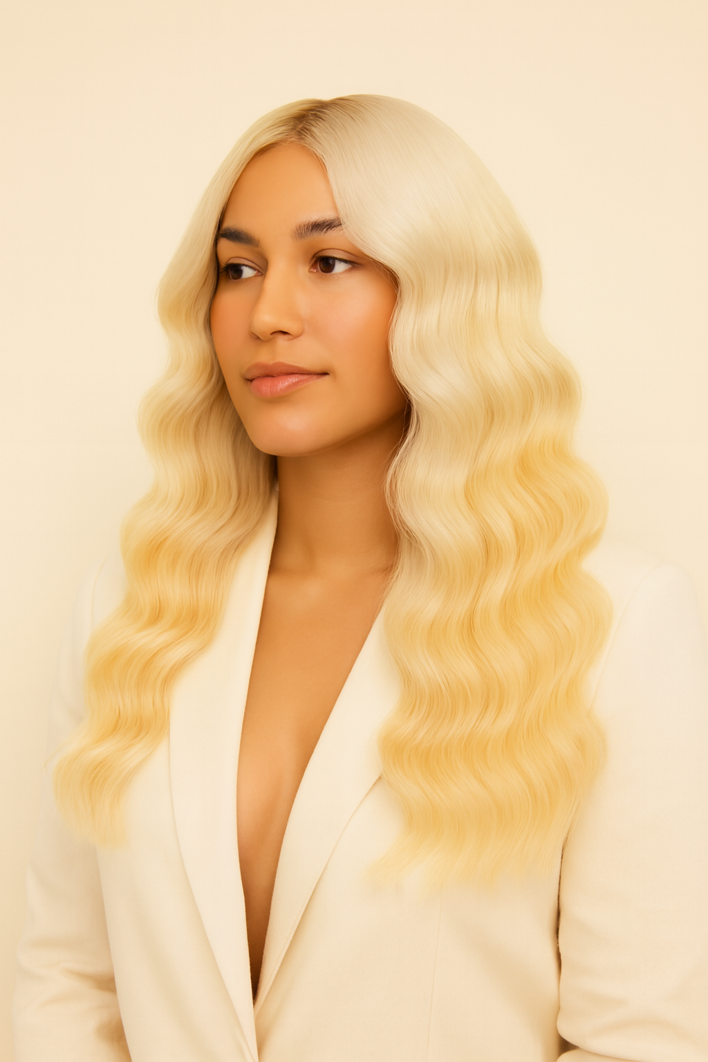Model wearing the Platinum Blonde Extra-Long Body Wave Human Hair Wig by Hair Labs