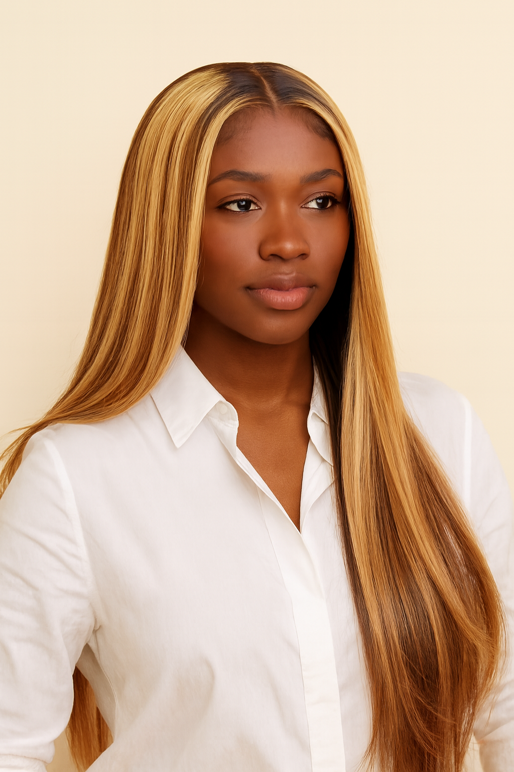 Model wearing the Ombre Blonde Straight Human Hair Wig by Hair Labs