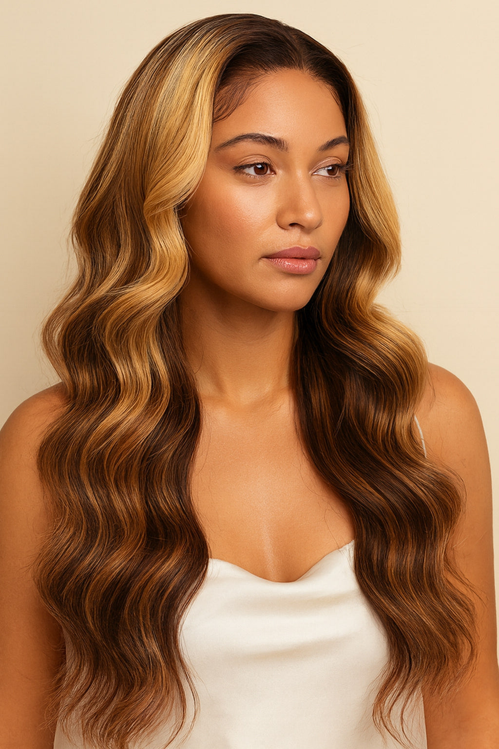 Model wearing the Ombre Blonde Body Wave Human Hair Wig by Hair Labs
