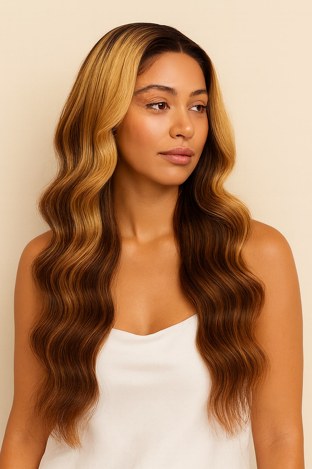 Model wearing the Ombre Blonde Body Wave Human Hair Wig by Hair Labs