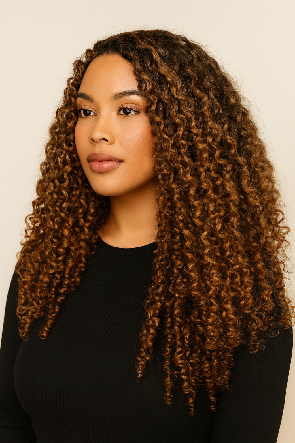 Model wearing the Highlight Curly Human Hair Wig by Hair Labs