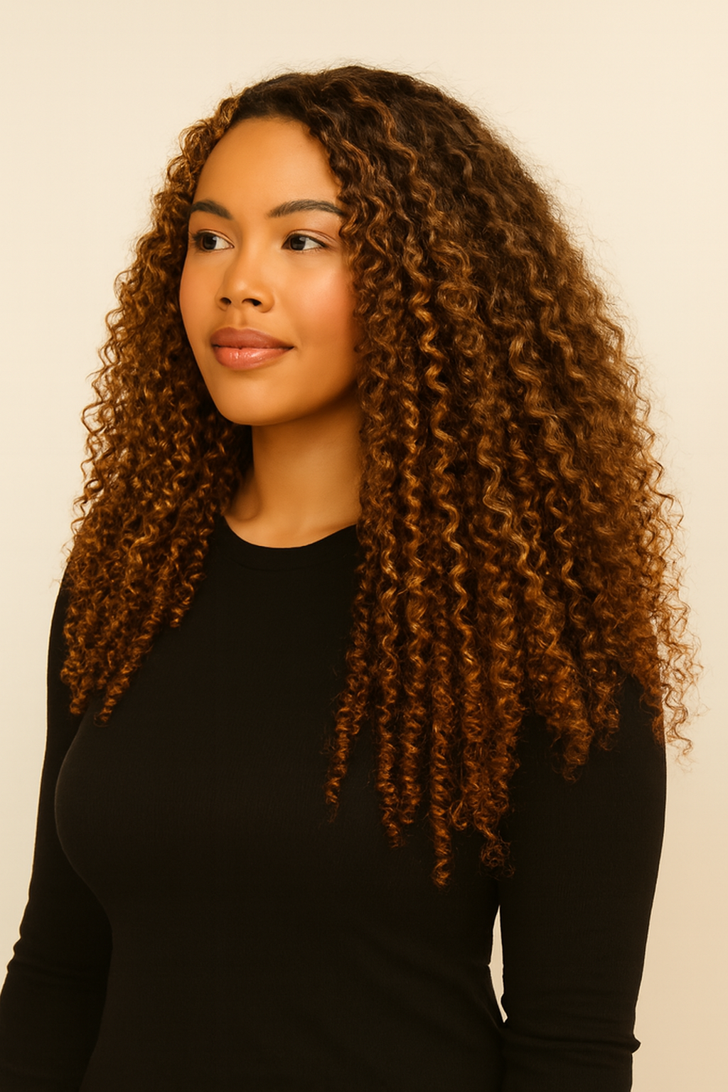 Model wearing the Highlight Curly Human Hair Wig by Hair Labs