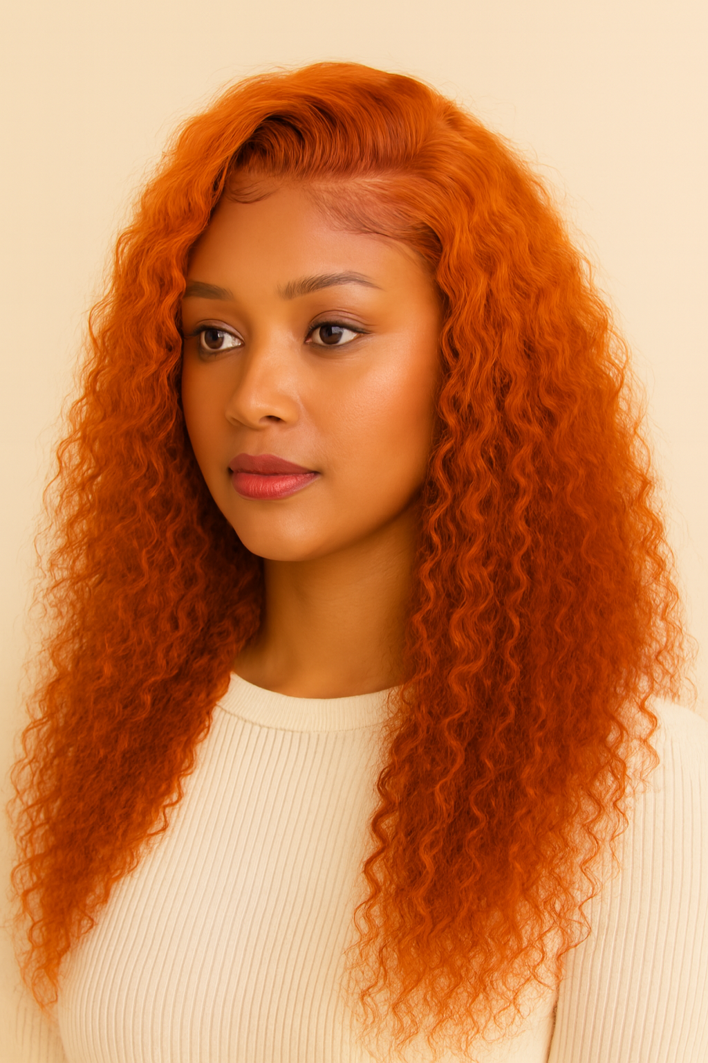 Model wearing the Ginger Copper Deep Wave Human Hair Wig by Hair Labs