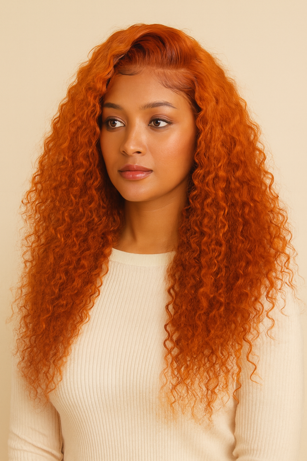 Model wearing the Ginger Copper Deep Wave Human Hair Wig by Hair Labs