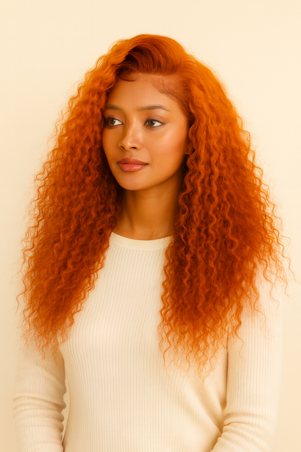Model wearing the Ginger Copper Deep Wave Human Hair Wig by Hair Labs